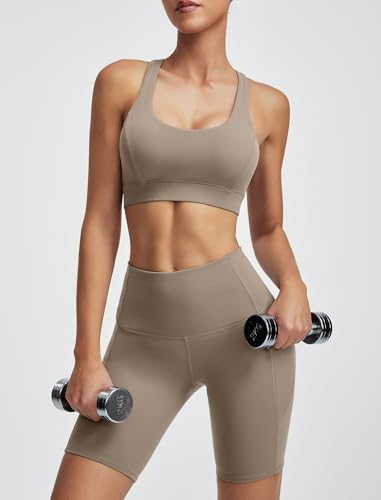 Women's High Waisted Biker Shorts with Pockets - Cream X-Large 8" Tummy Control Yoga & Workout Leggings