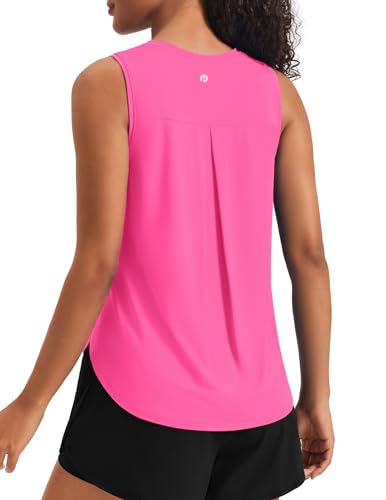 PINSPARK Women's Workout Tank Top with Back Pleats - Loose Fit Sleeveless Shirt, Medium Rose Red