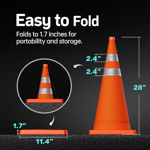 BATTIFE [2 Pack] 28 Inch Collapsible Traffic Safety Orange Cones, Multi Purpose Pop-up Cones and Reflective Collar, for Road Parking, Driving Practice