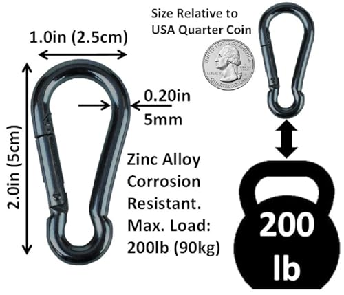 Heavy Duty Zinc-Galvanized Steel Carabiner Snap Hooks - 5cm Black 2 Pack