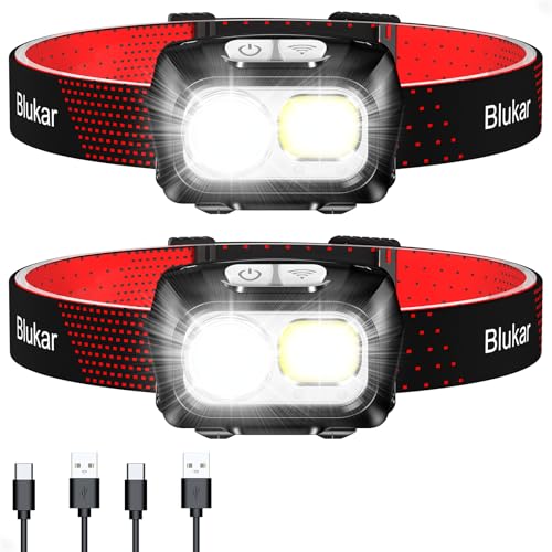 Rechargeable LED Headlamp - 2000L Brightness, 8 Modes & Motion Sensor - 2 Pack - Black