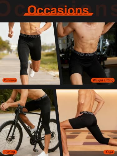 KAHEYQI 2 Pack Men's Compression Tights for Basketball, 3/4 Length Leg Pants, Black/White, Large