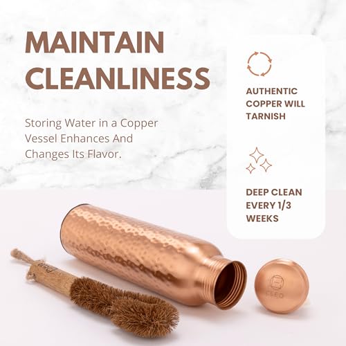Pure Copper Water Bottle 32 Oz with Hammered Finish, Leak-Proof with Canvas Bag & Brush