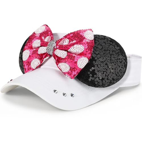 GRAWILLE Sequin Mouse Ears Visor Hat for Women Adjustable Sun Cap - White/Pink