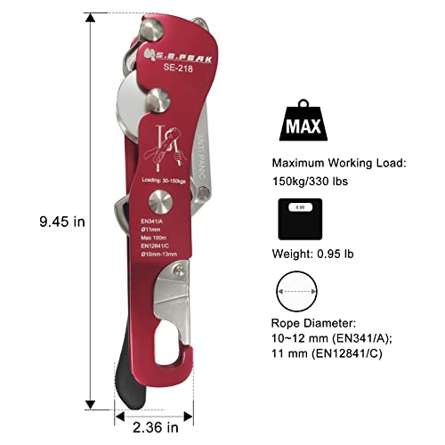 S.E.PEAK CE Climbing Self-Braking Descender Anti-Panic Red 10-12.5mm Rope
