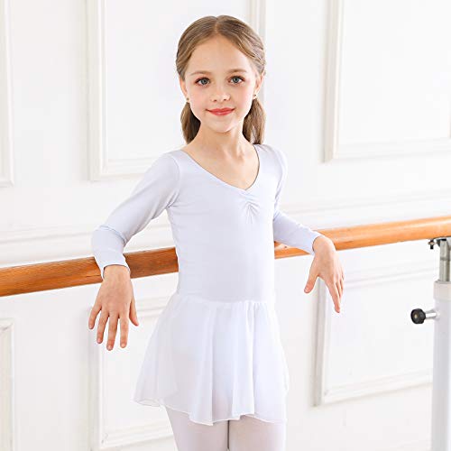 Girls' Ballet Dance Leotard with Skirt - White Long Sleeve, 10-11 Years