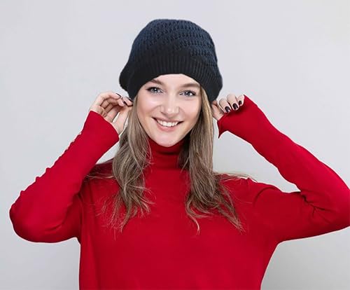 Lightweight Crochet Beanie Hat for Women - Black, Medium