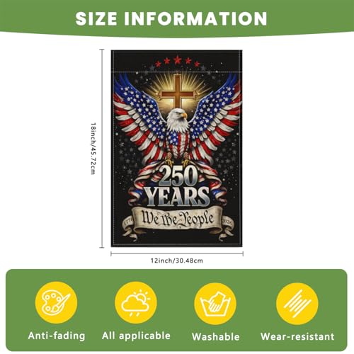 250th Anniversary Garden Flag - Double-Sided Patriotic Eagle & Cross Design - We the People, 18"L x 12"W