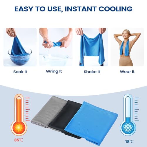 Cooling Towels 6 Pack - 40x12 Breathable Gym Towels - 2 Black, 2 Dark Grey, 2 Blue
