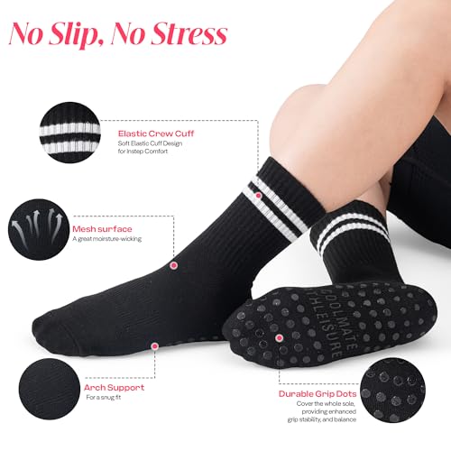 Pilates Socks with Grips for Women - 2 Pairs Crew Black