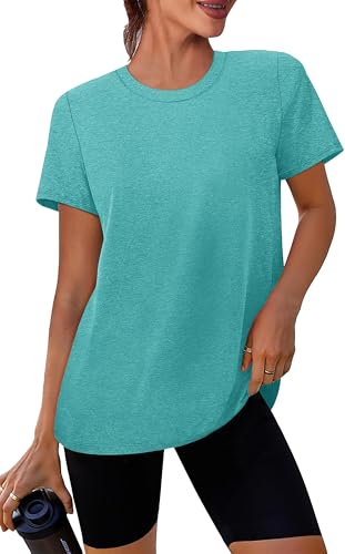 Aqua Short Sleeve Workout Top for Women - Athletic Yoga Shirt - Medium