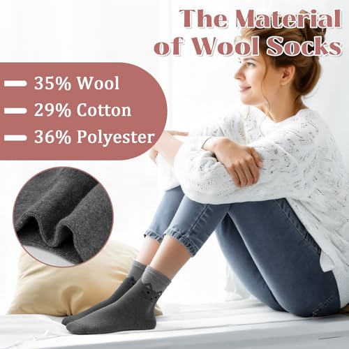 Wool Socks for Women - Cute Cat Crew Socks, 5 Pairs - One Size in Pink, Black, Blue, Grey, Purple