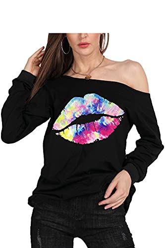 MAGICMK Women's Lips Print Off-Shoulder Sweater Shirt XXL Plus Size Casual Blouse