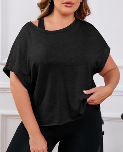 Fisoew 3X-Large Black Women's Plus Size Open Back Workout Top - Backless Athletic Shirt
