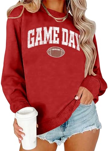 Game Day Sweatshirt for Women - Cute Football Graphic Pullover - Red - X-Large