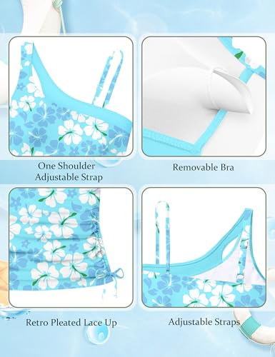 Girls Floral Print One Shoulder Tankini Swimsuit Set - Light Blue, 9-10 Years