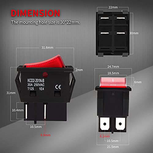 30A 250V Heavy Duty Rocker Switch with Red Light - 125V