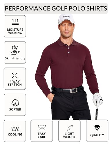 PINSPARK Men's Long Sleeve Golf Polo Shirts 4-Pack Moisture Wicking Quick Dry XL Black Navy Grey Red