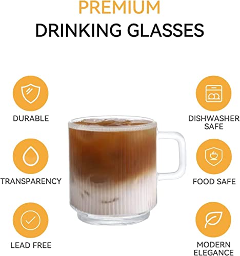 6 Pack 12 oz Premium Glass Coffee Mugs with Handles - Clear Striped Tea Cups for Hot/Cold Beverages, D.M DESIGN·MASTER