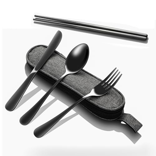 5-Piece Matte Black Stainless Steel Travel Utensil Set with Waterproof Case