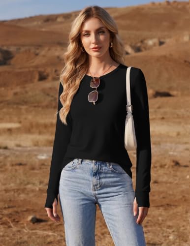 Womens Long Sleeve Thermal Shirt with Thumb Holes - Large Black