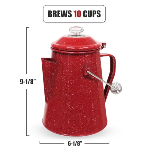 GRIP Deluxe Camping Percolator Coffee Pot, Red – 10 Cup, Glazed Enamel