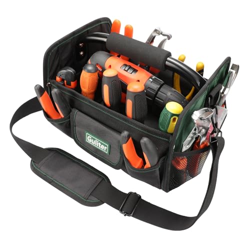 11 Inch Small Tool Bag, Open Top Tool Tote with Stainless Steel Handle and Adjustable Shoulder Strap,21 Pockets Electrician Tool Bags,Black/Green