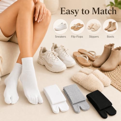 Tabi Socks - 3 Pairs Soft Cotton Split Toe Crew Socks