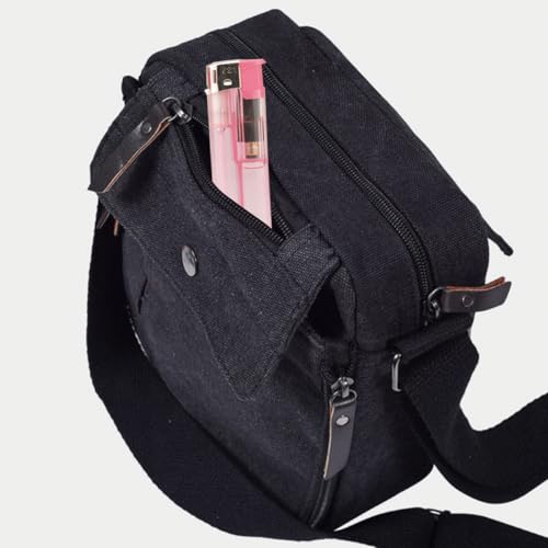 CAAORDKSO Small Canvas Messenger Bag for Men & Women - Black, Crossbody Travel Purse