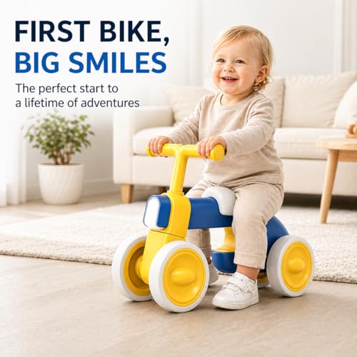 Henry & Colin Blue First Balance Bike for 12–36 Months, 4-Wheel Toddler Ride-On with Lights & Music