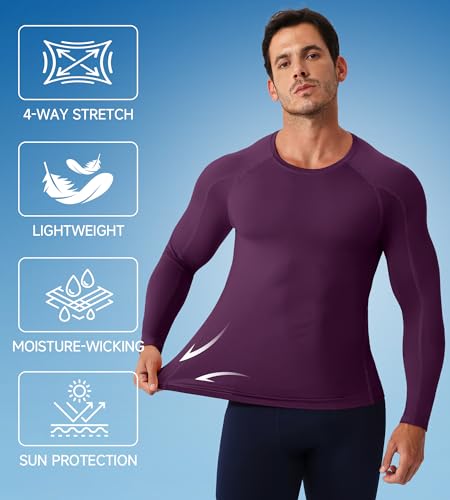 Men's Long Sleeve Compression Shirt - Cool Dry Athletic Top - Wine Red, X-Large