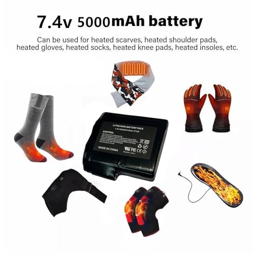 7.4V 5000mAh Rechargeable Battery Pack for Heated Apparel – Replacement for Gloves, Vests, Jackets, Socks, and More