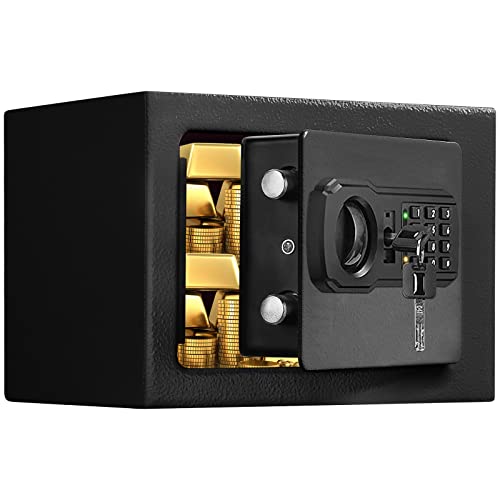 Small Mini Fire Safe Box for Home, 0.3 Cubic Feet Medication Lock Box, Security Money Safes with Digital Keypad, Spare Keys, Dorm Room Safe for Money, Jewelry, ID Documents