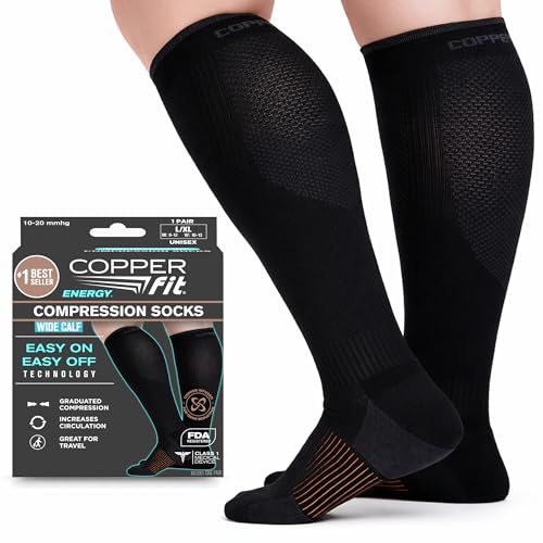 Copper Fit Energy Graduated Wide Calf Compression Socks (3 Pairs, S/M, Black) – Easy On / Off for Travel, Circulation & Swelling Relief
