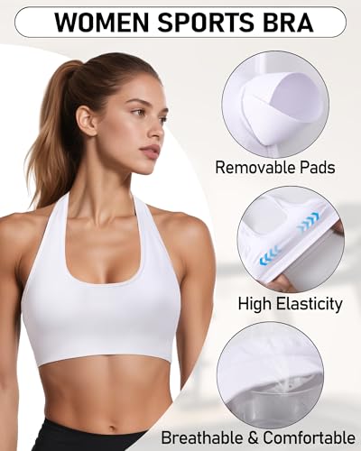 Seamless Open Back Padded Halter Sports Bra - Medium White