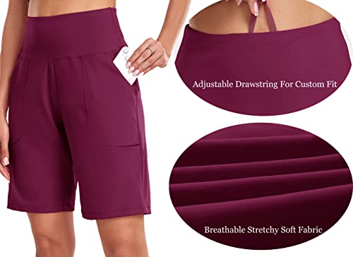 High Waisted Bermuda Workout Shorts - 10" Burgundy - Small