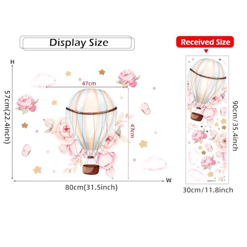 Pink Peony Rose Hot Air Balloon Star Flower Wall Stickers, sacinora Cartoon DIY Art Wall Decals Removable Vinyl Peel and Stick for Kids Baby Girl Nursery Living Room Bedroom Children's Room Playroom
