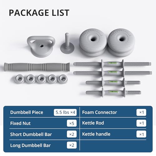 RYGEO 22lb Adjustable Soft Dumbbell Set for Home Gym, Convert to Barbell & Kettlebell
