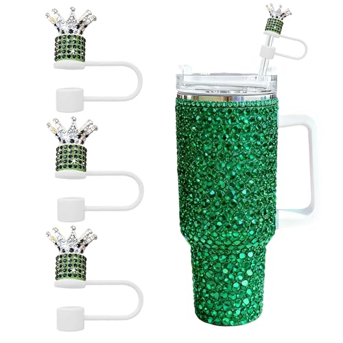 Crown Diamond Straw Topper for Tumblers - Rhinestone Bling Cover, Dark Green
