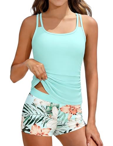 Girls Tankini Swimsuit with Printed Shorts - Light Blue, 15-16Y