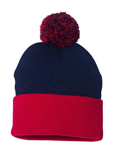 12" Knit Beanie with Pom-Pom - Navy/Red
