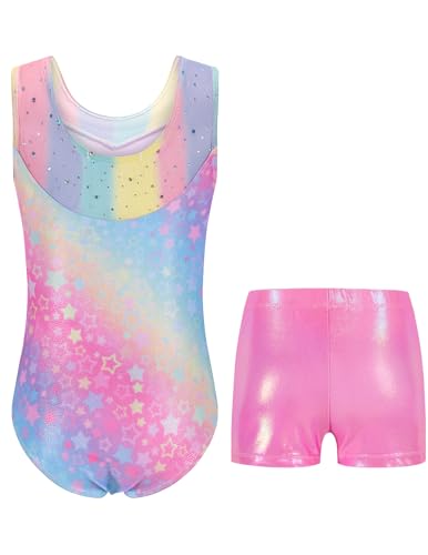 Sparkly Gymnastics Leotard for Girls - Rainbow Stars, 9-10 Years