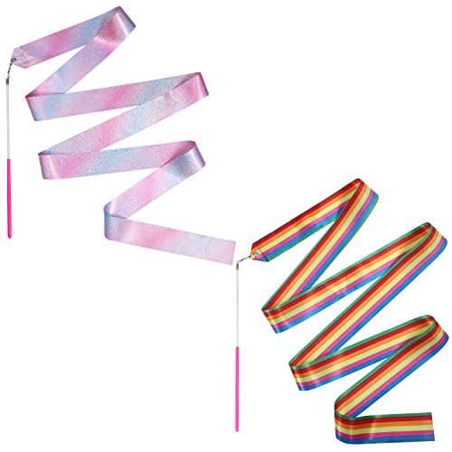 2pcs Rhythmic Gymnastics Ribbons, 157.5-Inch Dance Ribbons with Batons