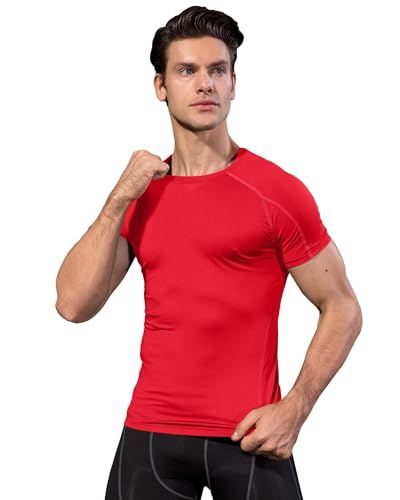 Men's Athletic Compression Shirt - Quick Dry Performance Top - Red, Large
