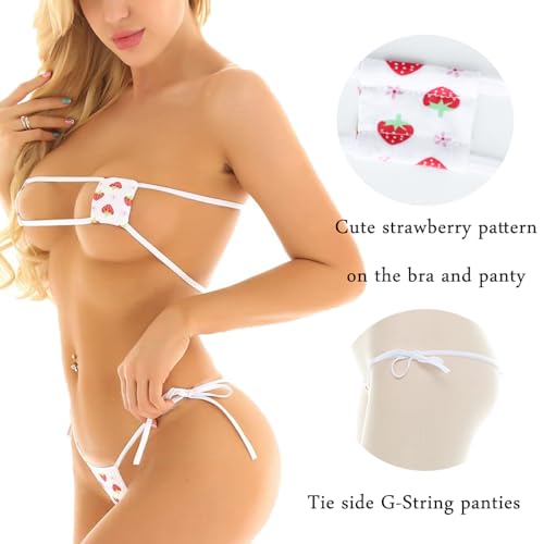 Kawaii Heart Embroidery Micro Bikini Set - One Size Strawberry