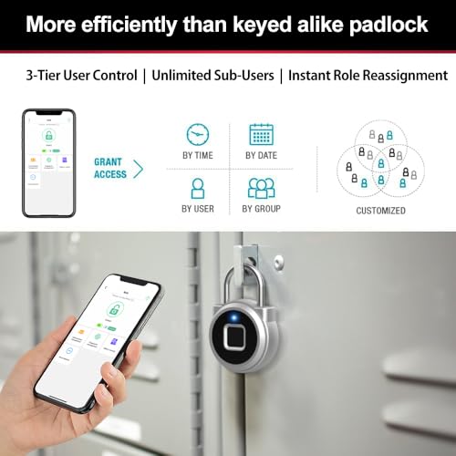 eLinkSmart Gym Locker Padlock with Fingerprint Remote Authorized Unlock Record - Waterproof Security Keyless Smart Lock for School Gym Locker Backpack Gun Case Field Box Silver Support iOS Watch