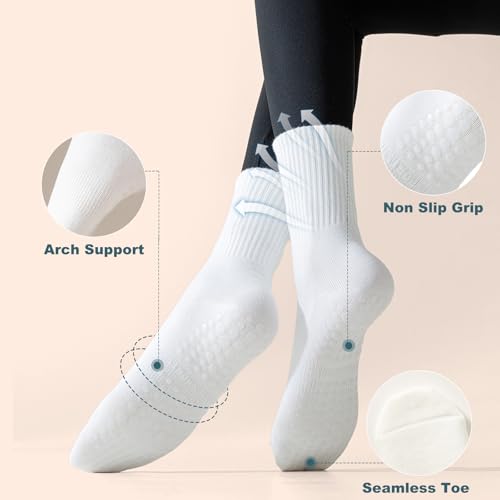 Grippy Pilates Socks for Women - 3 Pairs White Non-Slip Yoga Socks