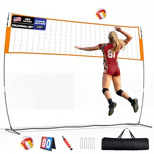 12FT Volleyball Net Set with Adjustable Height - White & Orange