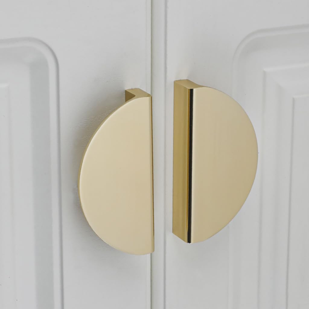 ESreake Half Moon Cabinet Pulls Handles,4 Pack 2.52" Hole Spacing Semicircle Drawer Pulls, Finger Pulls Edge Pulls Handles for Kitchen Cabinets with 3 Kinds Screws (4 Pack, Gold)