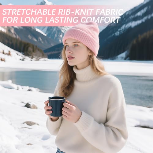 Winter Knitted Beanie Hat - Soft, Elastic, One Size - Black + Pink